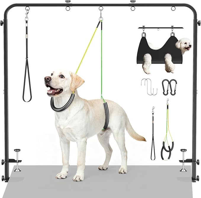 Dog Grooming Arm with Hammock & 2 Nooses - Adjustable Table Arm Height 20''-42'', Width 27''-39'', Table Clamp Up to 2.76'' Thickness, Pet Grooming Table Arm for Small Medium Breeds Up 70IB, Stable