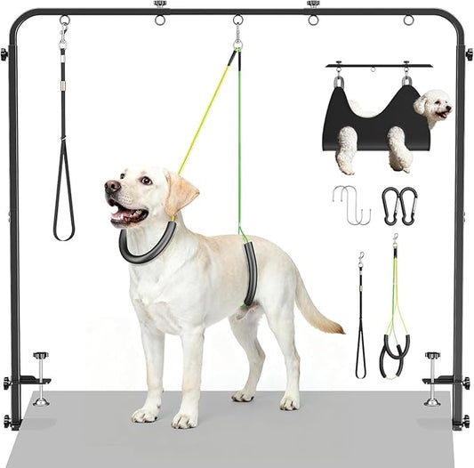 Dog Grooming Arm with Hammock & 2 Nooses - Adjustable Table Arm Height 20''-42'', Width 27''-39'', Table Clamp Up to 2.76'' Thickness, Pet Grooming Table Arm for Small Medium Breeds Up 70IB, Stable