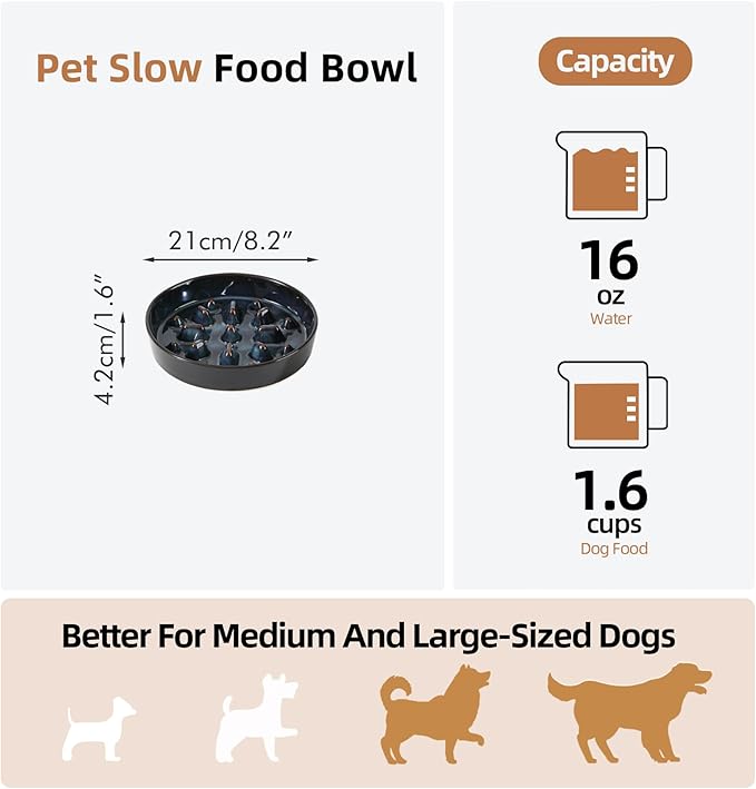 Ceramic 1.6 Cup Dog Bowl Slow Feeder for Fast Eaters, 8.2inch Slow Pet Food Dish for Medium and Large Dog, Stop Bloat, Preventing Choking(Single Bowl,Starry Sky)