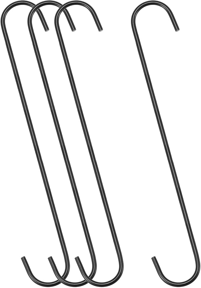 uxcell S Hanging Hooks, 12inch/300mm Extra Long Steel Hanger, Indoor Outdoor Uses for Garden, Bathroom, Closet, Workshop, Kitchen, Black, 4Pcs
