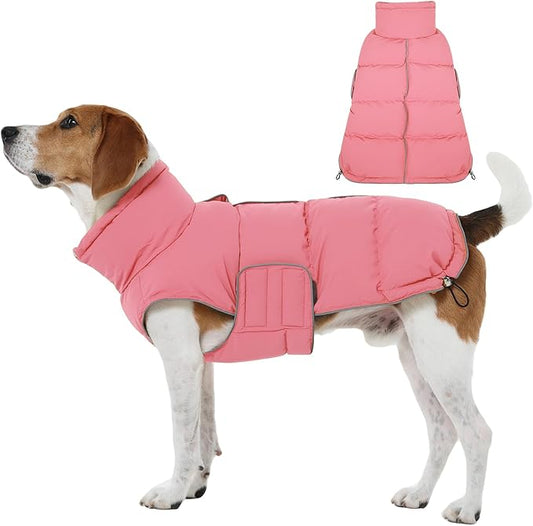 FUAMEY Dog Puffer Jacket for Large Dogs,Dog Cold Weather Coats Winter Dogs Down Jackets Waterproof Pet Snowsuits Warm Puppy Winter Vest Turtleneck Pets Adjustable Jackets Coats Pink L