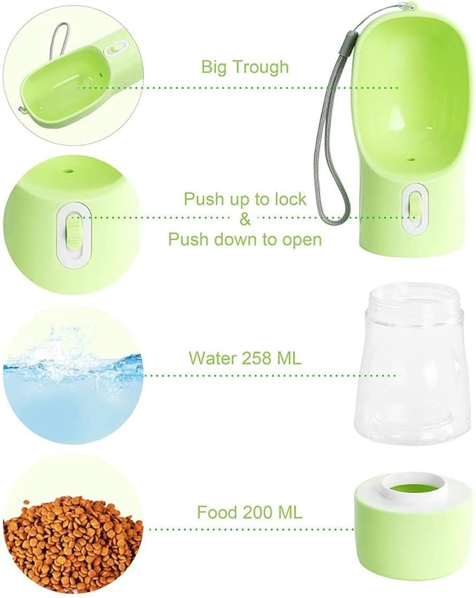 Misthis Portable Dog Water Bottle - Leak Proof Dog Water Dispenser with Bowl & Food Container, Dishwasher Safe Food Grade Plastic for Pet Puppy Outdoor Walking Hiking Travel Green