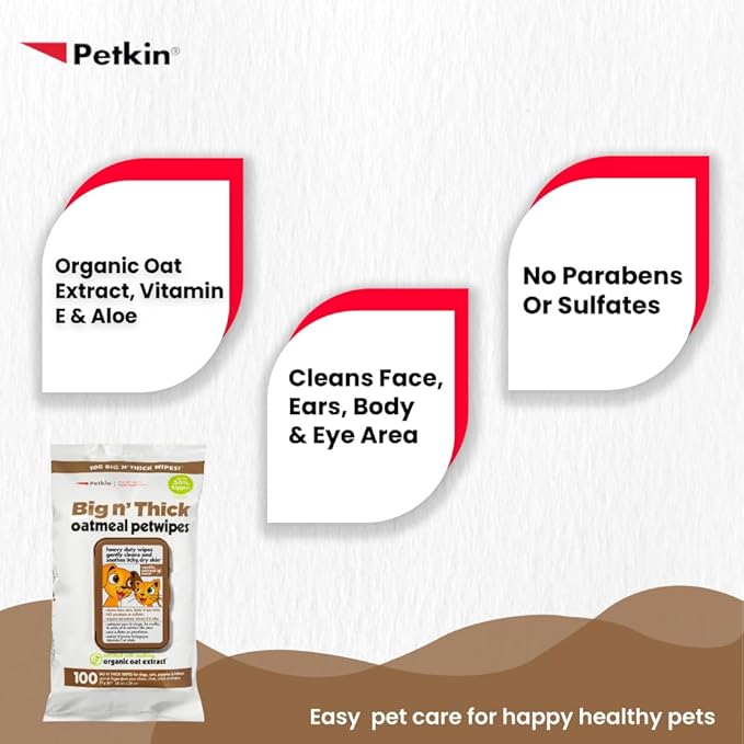 Petkin Pet Wipes for Dogs and Cats, Oatmeal, 100 Wipes (Large) for Dogs and Cats - Soothes Itchy Dry Skin and Cleans Ears, Face, Butt, Body and Eye Area - Idea for Home and Travel