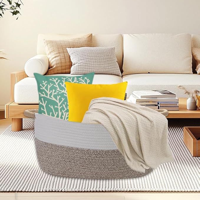 Large Cotton Rope Storage Basket with Handles, Hamper, Laundry Basket, 20 "L x 14" W x 12 "H, Home Decor to Storage Blanket &Toy, etc .(White & Brown)