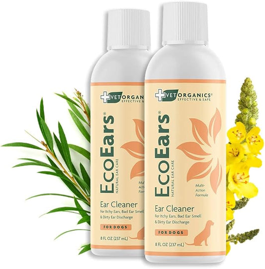 Vet Organics EcoEars Dog Ear Cleaner Solution–8 Oz. Natural Dog Ear Multi-Action Formula for Large or Small Canines – Ear Drops to Alleviate Itchy Ears, Shaking, & Otic Discharge–Puppy Supplies 2pk