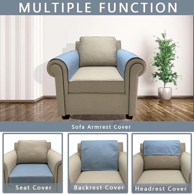 NOYOURS Couch Arm Covers, Anti-Slip Sofa Armrest Cover for Recliner, 2pc Washable Sofa Arm Covers, Dogs Cats Pet Scratch Proof Couch Arm Protectors, Light Blue, 24x28inch