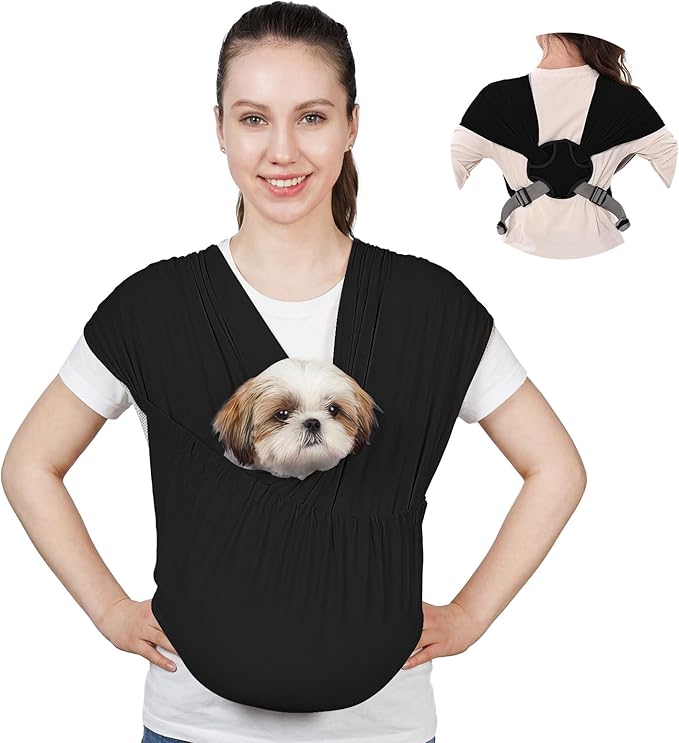 Supet Dog Sling Carrier for Small Pets, Hands Free Cat Sling, Reducing Back Neck Pain Anti-Anxiety Puppy Front, Adjustable Soft Dog Carrying (Black-2, Regular 0-9 Lbs)