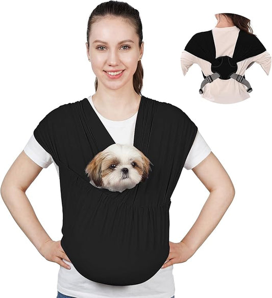 Supet Dog Sling Carrier for Small Pets, Hands Free Cat Sling, Reducing Back Neck Pain Anti-Anxiety Puppy Front, Adjustable Soft Dog Carrying (Black-2, Regular 0-9 Lbs)