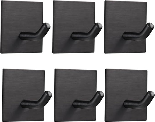 Heavy Duty Adhesive Hooks, Stick on Wall Adhesive Hangers, Strong Stainless Steel Holder, Self Adhesive Hooks for Kitchen Bathroom Home Door Towel Coat Key Robe 6 Packs Black