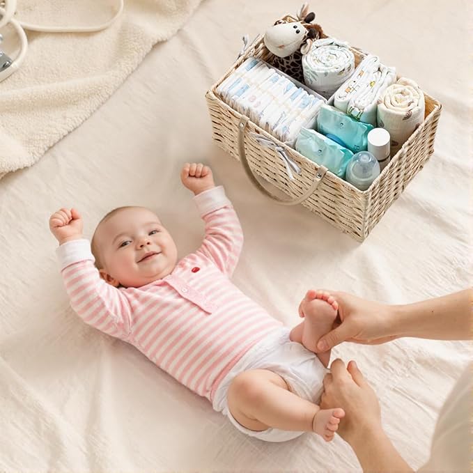HBlife Large Diaper Caddy Organizer, Washable Waterproof, Portable Plastic Wicker Woven Basket with Divider, Nursery Diaper Station, Baby Shower Gifts Basket & Car Organizer