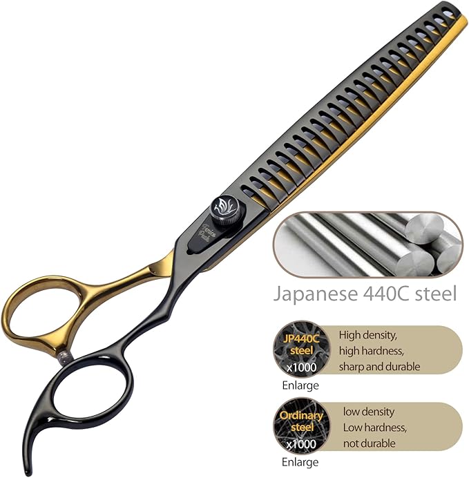 Fenice Peak 7'' Black Dog Grooming Scissors Goldern Chunker Dog Blending Scissors with Ergonomic Offest Handle and Pattern Screw Pet Grooming Thinner Blender Shears Durable and Sharp 440C