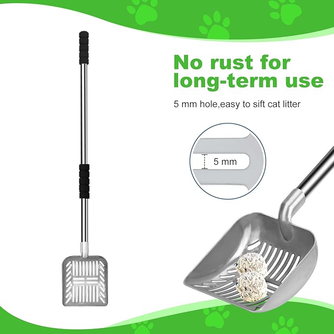 Metal Cat Scoop, Removable Litter Scoop, Long Handle Cat Scoop, Adjustable Length Up to 31.5 Inches, 2-in-1 Pet Scoop, Deep Scoop and Fine Hole Scoop, Foam Padded Handle, Cat Poop Scoop for All Cats