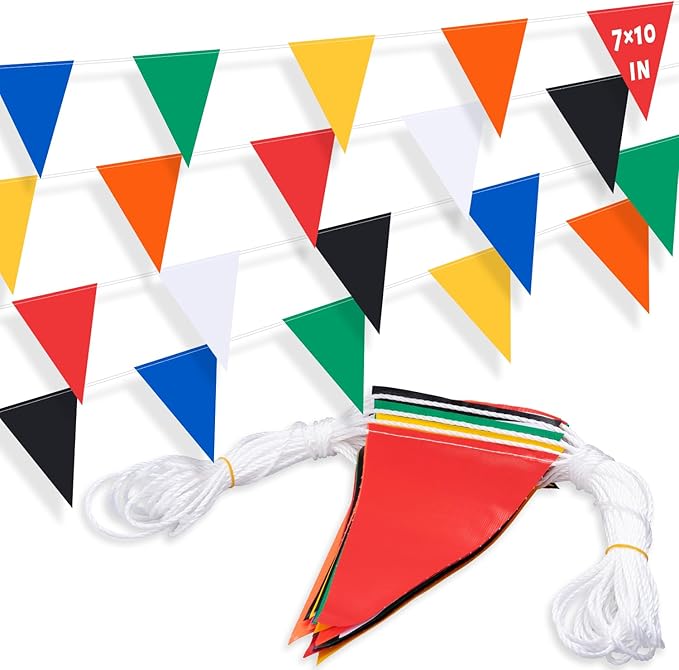 105ft Pennant Banner Flags, 7x10 Multicolor 45 Pcs High Visibility Safety Flagging on String, Triangle Pool Flags for Backstroke, Construction Events Party Decoration Parking Marking Outside