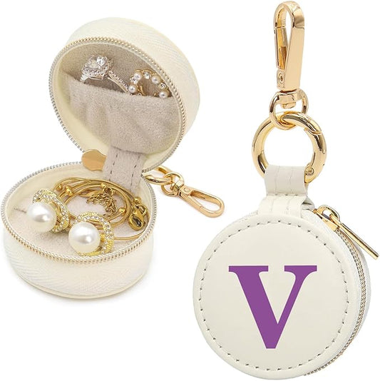 Mini Initial Travel Jewelry Case Ring Holder, Beige Faux Leather Small Jewelry Organizer Box Gifts for Women Girls Nurse Teacher, Gym Travel Accessories Keychain Pouch for Earrings Rings Necklace V