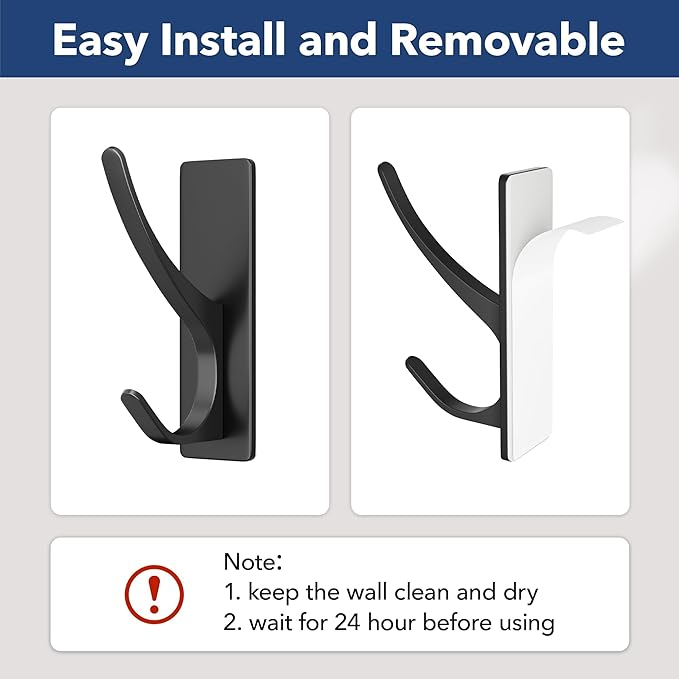 10 Pack Self Adhesive Coat Hooks for Hanging: Heavy Duty Stainless Wall Hook for Towel, Utensil, Backpack, Hat, Sturdy Metal Hanger for Bathroom, Kitchen, Door, Matt Black