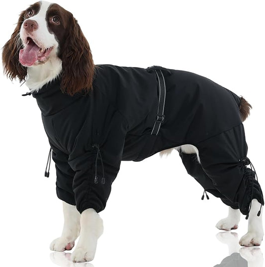 FUAMEY Full Body Dog Coat,Warm Dog Fleece Jackets with Harness Built in Windproof Dogs Snowsuit Zip up Pet Four Legged Pets Jumpsuit Winter Outfit Cold Weather Coats for Large Dogs Black L