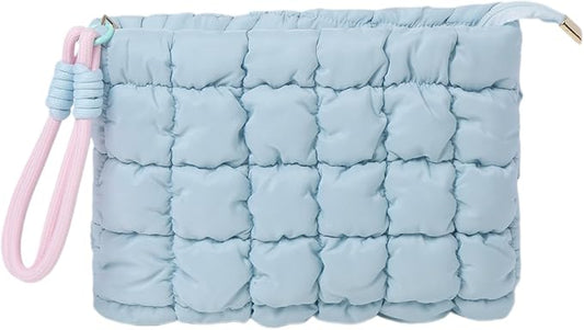 Puffy Quilted Makeup Bag Cosmetic Bag Equipped with a Detachable Handle Cute Zipper Pouch for Storage Clutch for Women(Blue)