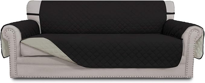 Easy-Going Reversible Couch Cover for 3 Cushion Couch Sofa Cover for Dogs Water Resistant Furniture Protector Cover with Foam Sticks Elastic Straps for Pet Cat (Sofa, Black/Beige)