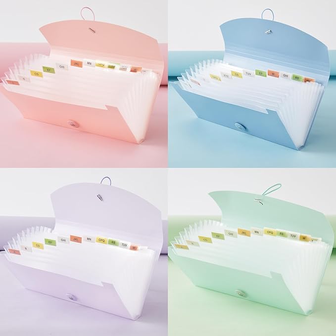 Y YOMA 4 Pack Coupon Organizer with 13 Pocket | Plastic Travel-Friendly Accordion Receipt Holder 10” x5.5” Expanding Folder for Small Bill Business Cards Tax Item Ticket, Pastel Design