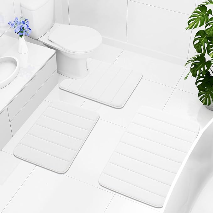 Buganda Memory Foam U-Shaped Contour Toilet Rugs, Non Slip Absorbent, Thick Soft Washable Bathroom Mat, Floor Carpet Bath Rugs Mat for Toilet Base (24" x 24", White)