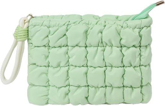 Puffy Quilted Makeup Bag Cosmetic Bag Equipped with a Detachable Handle Cute Zipper Pouch for Storage Clutch for Women(Green)