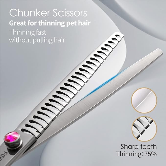 Dog Grooming Scissors Kit 8 in Professional Curved Thinning Straight Chunker Shears and Comb 5pcs Set for Grooming Big Dogs Poodle Pet Japan 440C Stainless Steel(8.0'',Kit)