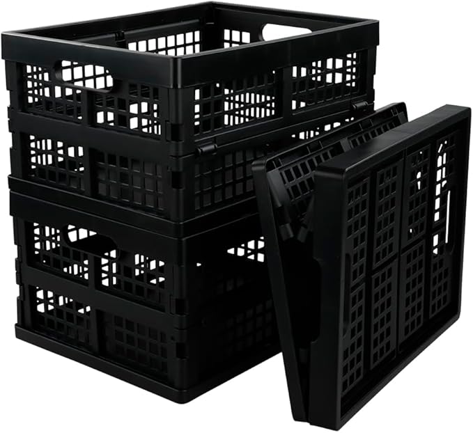 Utiao 16 Quart Collapsible Storage Crates 3 Packs, Black Folding Storage Bin Plastic Milk Crate