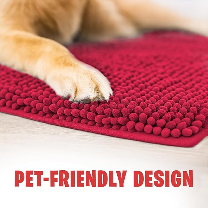 MudGuard Mat™ Dog Door Mat for Muddy Paws, Super Absorbent Microfiber, Non-Slip Indoor Mat, Quick Dry Chenille Mud Mat for Dogs & Entryway, Washable, Red 19" x 30"
