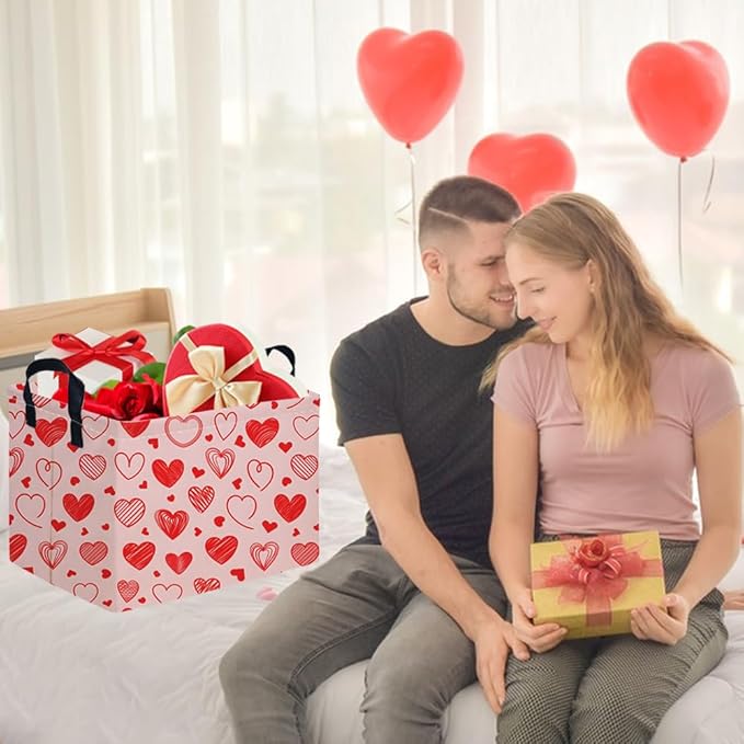 FXOCSHE Rectangular Pink Valentine's Day Gift Basket,nursery basket,Pink girls gift baskets,kids toy storage Bin, Love Heart Room Decor for Home,Shelf Baskets(Romantic Heart)