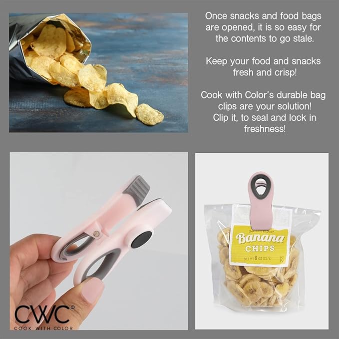 COOK WITH COLOR Bag Clips with Magnet- Food, Chip and Bag Clips for Food Storage with Airtight Seal Grip for Bread Bags, Snack Bags and Food Bags (Multicolor, Pack of 10)