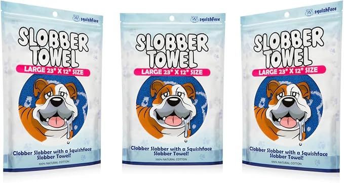 Squishface Slobber Towel, Thick & Durable Dog Towel - 100% Cotton, Soft & Gentle Drool Tamer, Large 23" x 12" Soft & Durable Cloth - Because Your Furry Friend's Slobber Deserves The Best! 3 Pack