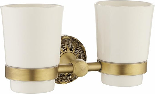 Double Toothbrush Holder Wall Mounted, Mouthwash Cup Holder for Bathroom Wall, Antique Brass Holder and Two White Ceramic Cups, Vintage Petal-Relief Bathroom Decorative Accessories