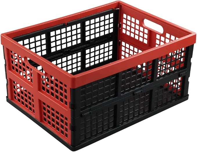 Hespapa 35 Quart Folding Crates, Red Plastic Collapsible Storage Container Milk Crate Baskets, 2 Pack
