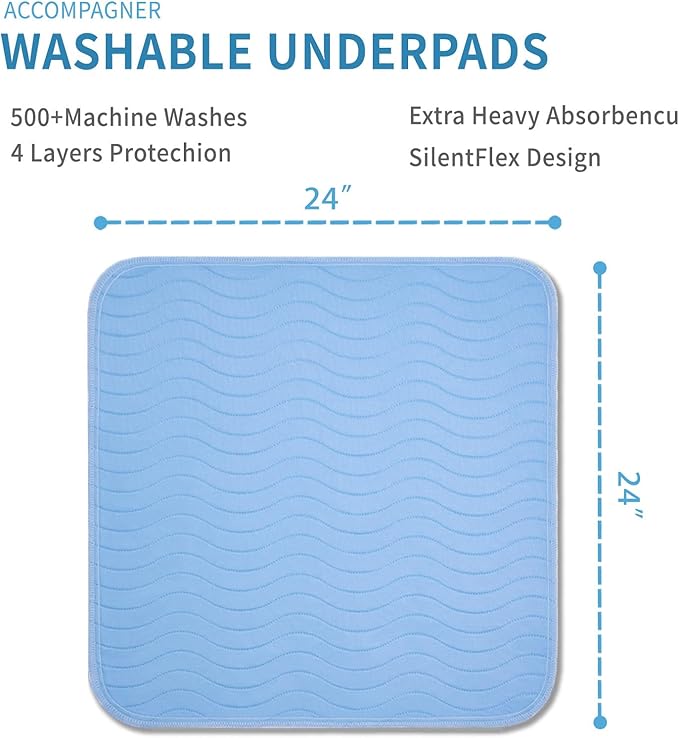 Accompagner Waterproof Reusable for Adults and Pets Washable Pee Pads for Dogs Changing Pad Large Dog Bed Size Adults Incontinence Bed Pads - Non-Slip Leak-Proof (Blue, 24"x24"(Pack of 6))
