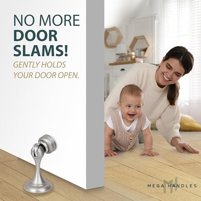 MEGA HANDLES Magnetic Door Stopper, Scratch Free Magnetic Door Catch for Wall, Elegant Magnet Door Stopper for Bottom of The Door- Satin Nickel (1 Pack)
