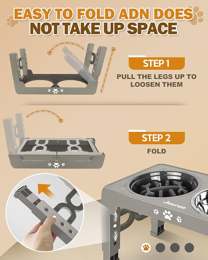 Jovrun Elevated Dog Bowls, Dog Feeder with Stainless Steel Dishes & Slow Feeder Bowl, 5 Heights Adjustable Raised Stand for Medium Large, Food Dishes with Non-Slip Feet