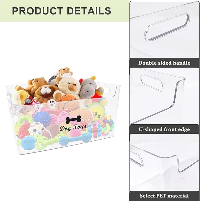 Dog Toy Basket with Handle - Clear Plastic Waterproof Dog Storage Organizer for Toys, Blankets, Leashes, Treats & Grooming Supplies - 1Pack