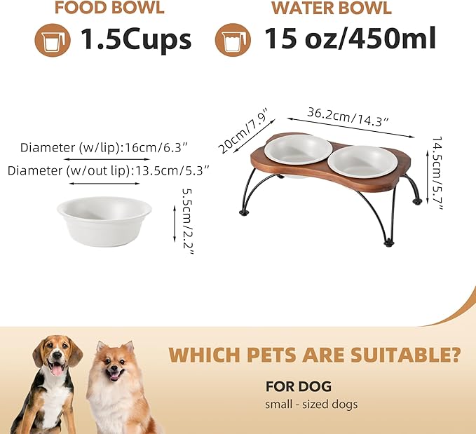 Ceramic 6.3-inch Raised Double-Bowl Set with Non-Slip Stand, 1.5 Cup Food or 15 oz Water Dishes for Small Dogs, Wide Opening with Rounded Edges(Matt White)