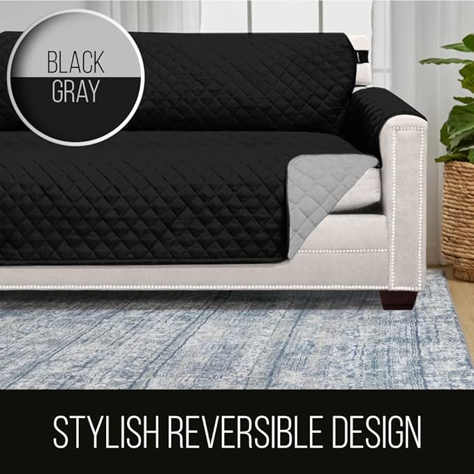 Sofa Shield Armchair Slip Cover with Patented Strap, Cushion Protector, US Designed Reversible Stain and Dog Tear Resistant Slipcover, 23 inch Seat, Washable Covers for Dogs Pets, Black Gray