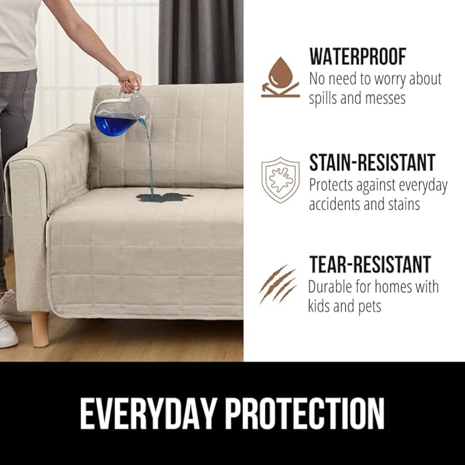 GORILLA GRIP Patented Waterproof Slip-Resistant 70” Sofa Protector Cover, for Leather or Fabric Couch Cushion, Large Microsuede Furniture Covers Dogs Pets Machine Washable Slipcover, Taupe