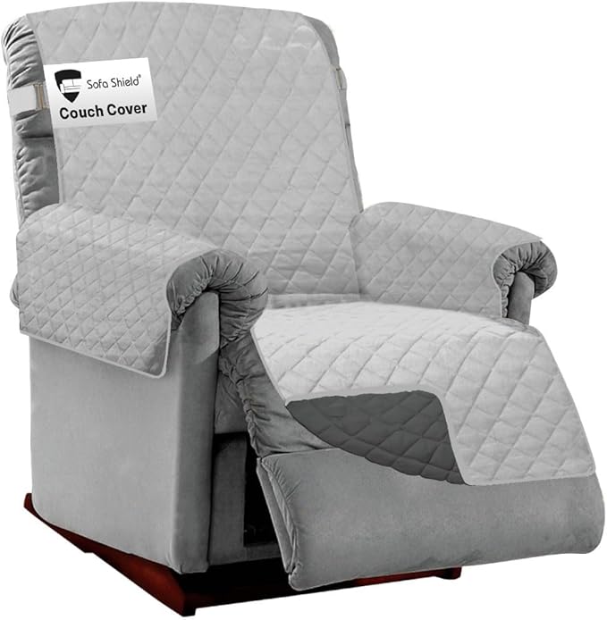 Sofa Shield Recliner Slip Cover with Patented Strap, Cushion Protector, US Designed Reversible Stain and Dog Tear Resistant Slipcover, 28 inch Seat, Washable Covers for Dogs Pets, Light Gray Charcoal