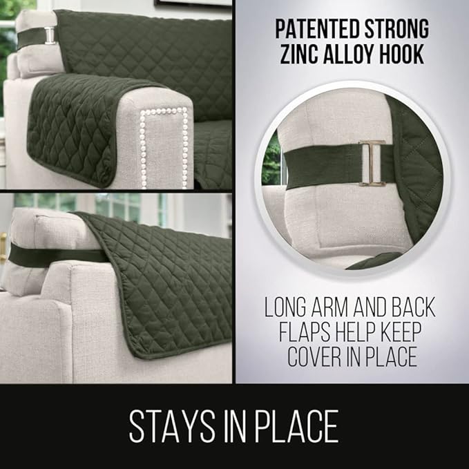 Sofa Shield Recliner Slip Cover with Patented Strap, Cushion Protector, US Designed Reversible Stain and Dog Tear Resistant Slipcover, 25 inch Seat, Washable Covers for Dogs Pets, Hunter Green Sage