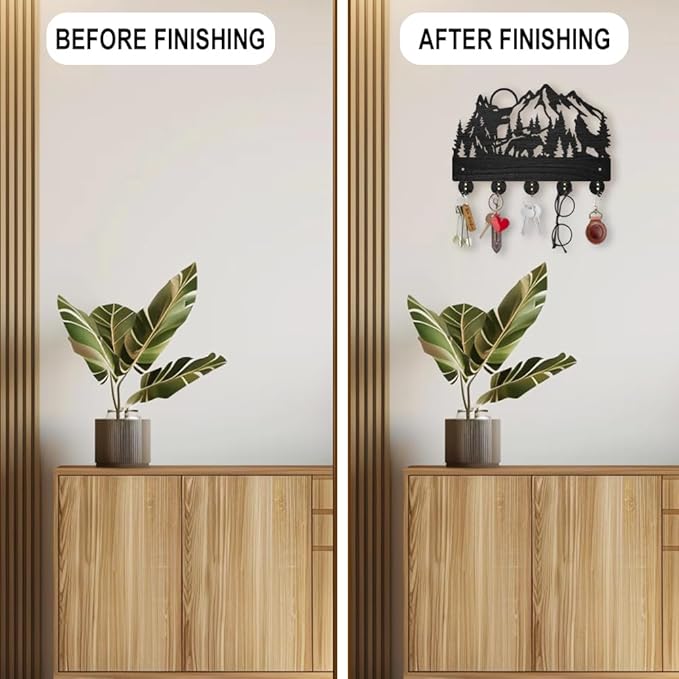 MAYJOYDIY Wood Wolf Forest Coat Rack Wall Mount Mountain Tree Key Holder for Wall Animal Sun Wall Hook 11.8×7.9inch Decorative Bear Hook 5 Alloy Hooks for Gift Entryway Living Room Farmhouse Cabin
