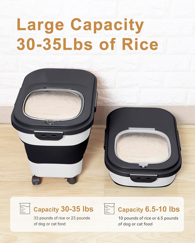 DDMOMMY 20-30 Lbs Rice Storage Container,Collapsible Food Storage Containers with Rolling Wheel Airtight Locking Lid,Flour Storage Container with Cup and Scoop,Suitable for Food,Rice,Pet Food,Flour