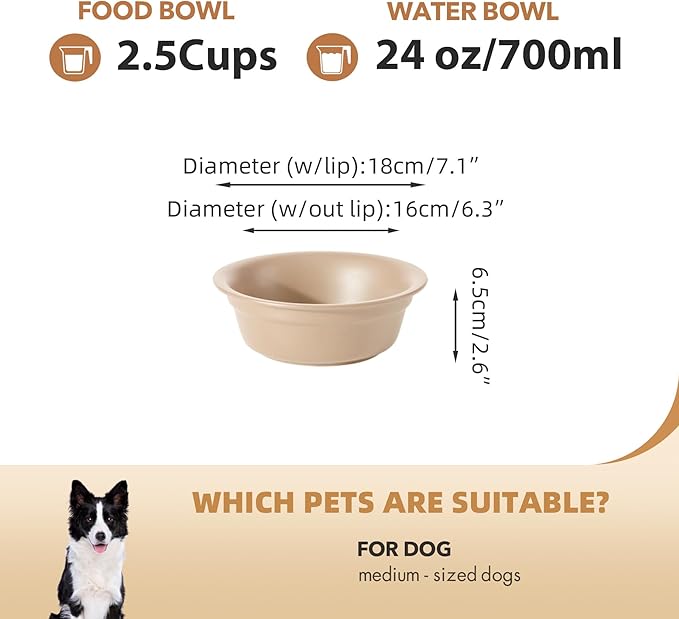 Ceramic 7.1inch Set of 2 Dog Bowls for Medium Dogs, 2pcs Basic 2.5 Cup Food or 24 oz Water Dishes for Replacement, Wide Opening Rounded Edge(2 Bowls, Oat Beige)