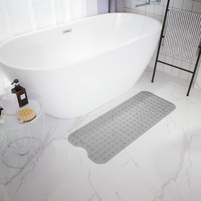 Bathtub Mats for Shower Tub, Extra Long Non-Slip 39 x 16 Inch Bath Mat with Drain Holes and Suction Cups, BathMat for Bathroom with Machine Washable (Clear Grey)