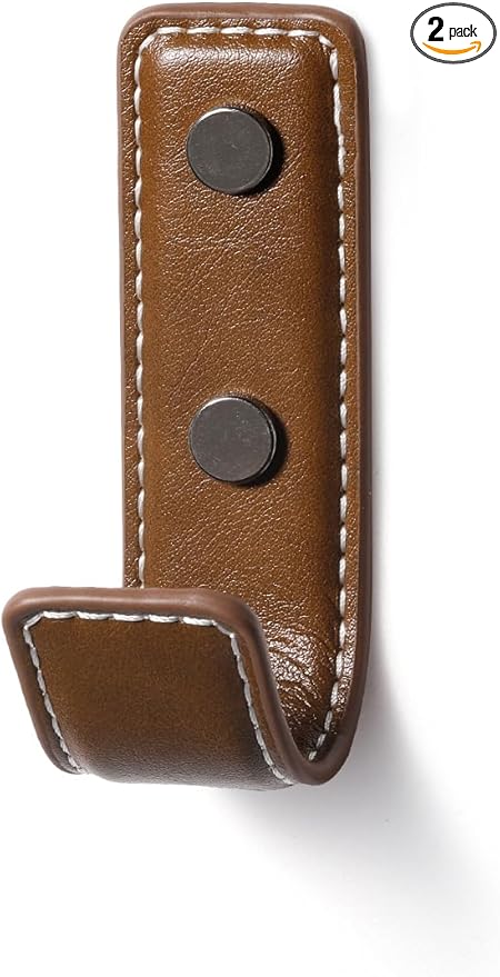 2 Pack Brown Leather Coat Hooks Wall for Hanging Rectangle Coat Hooks for Hanging Robe Towels Bags Hats Scarf Keys Clothes Suitable for Bedroom, Entryway and Closet