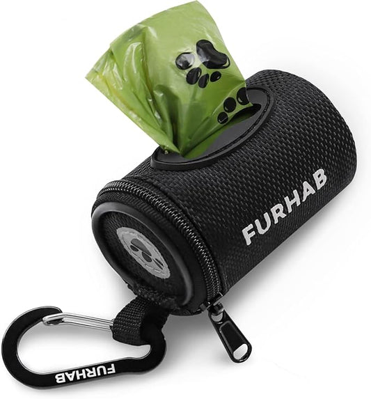 Dog Poop Bag Holder for Leash Doggie Waste Bag Dispenser Soft Fabric Puppy Potty Carrier Small Doggy Zipper Pouch with Carabiner Clip with 1 Roll of Pet Trash Bags, Black
