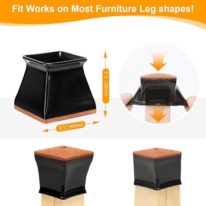 CHUNZEXI 24 Pack Square Chair Leg Floor Protectors for Hardwood Floors, Silicone Felt Covers Pads Caps, Protect Wood Furniture Feet Floors Noise Reduce and Scratch (Square Large & Black)