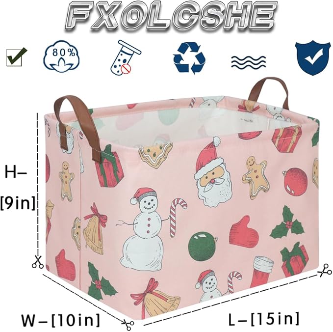 FXOCSHE Rectangular Christmas tree Basket,Pink Christmas,Nursery Hamper,Waterproof and foldable Christmas Tree Basket Baby Storage Bin,Toy Organizer,Boy and Girls New Year decor(Pink Christmas)